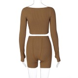 Autumn Matching Ribbed Sexy Crop Top and Shorts Set