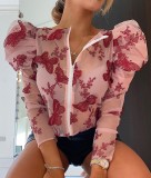 Party Sexy See Through Pink Butterfly Puff Sleeve Top