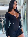 Party Sexy Black Lace Up Long Sleeve Mini Dress