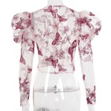 Party Sexy See Through Pink Butterfly Puff Sleeve Top