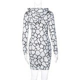 Print Dripped Collar Mini Club Dress with Full Sleeves