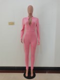 Solid Plain Sexy Long Sleeve Zip Up Bodycon Jumpsuit