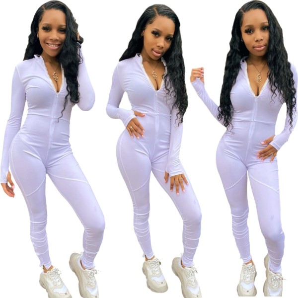 Solid Plain Sexy Long Sleeve Zip Up Bodycon Jumpsuit
