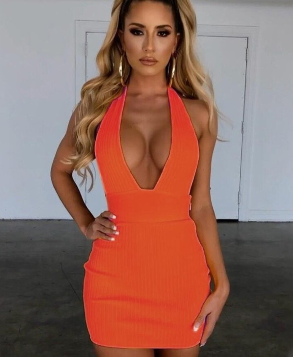 Summer Deep-V Sexy Backless Orange Mini Club Dress