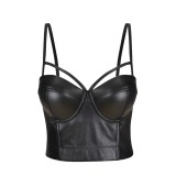 Black Leather Sexy Push Up Strap Crop Top