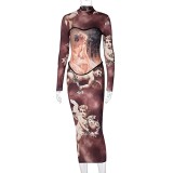 Character Print Sexy Long Party Dress with Full Sleeves