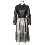 Black Leather and Mesh Patchwork Long Tops