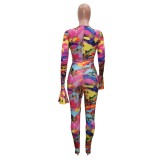 Autumn Print Colorful Lace Up Sexy Party Bodycon Jumpsuit