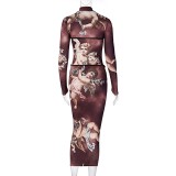 Character Print Sexy Long Party Dress with Full Sleeves
