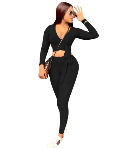 Autumn Two Piece Matching Sexy Wrapped Crop Top and Pants Set