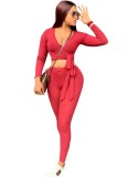 Autumn Two Piece Matching Sexy Wrapped Crop Top and Pants Set