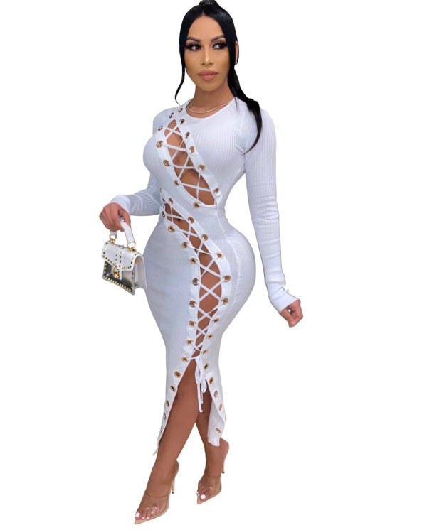 Autumn White Lace Up Irregular Long Party Dress with Full Sleeves