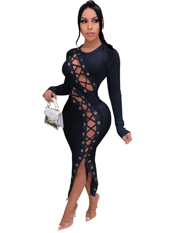 Autumn Black Lace Up Irregular Long Party Dress with Full Sleeves