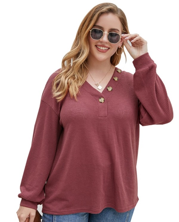 Plus Size Autumn Solid Color V-Neck Regular Shirt