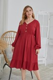Plus Size Autumn Solid Color V-Neck Long Casual Dress