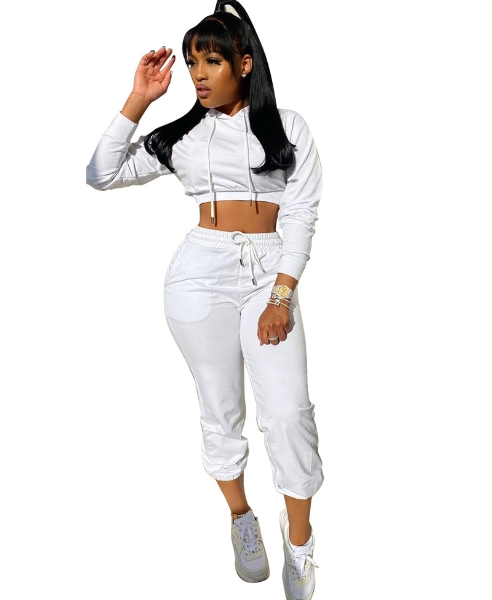 Wholesale Autumn Solid Plain Crop Top and Pants Hoodie Sweatsuit | Global Lover