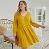 Plus Size Autumn Solid Color V-Neck A-Line Casual Dress