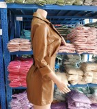 Winter Khaki Leather Blazer Dress with Matching Wide Belt