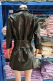 Winter Black Leather Blazer Dress with Matching Wide Belt