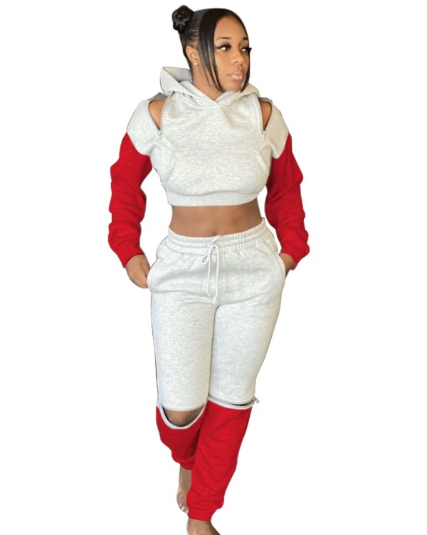 Contrast Color Long Sleeve Zipped Hoodie Tracksuit