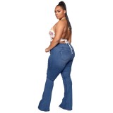 Plus Size High Waist Dark Blue Ripped Flare Jeans