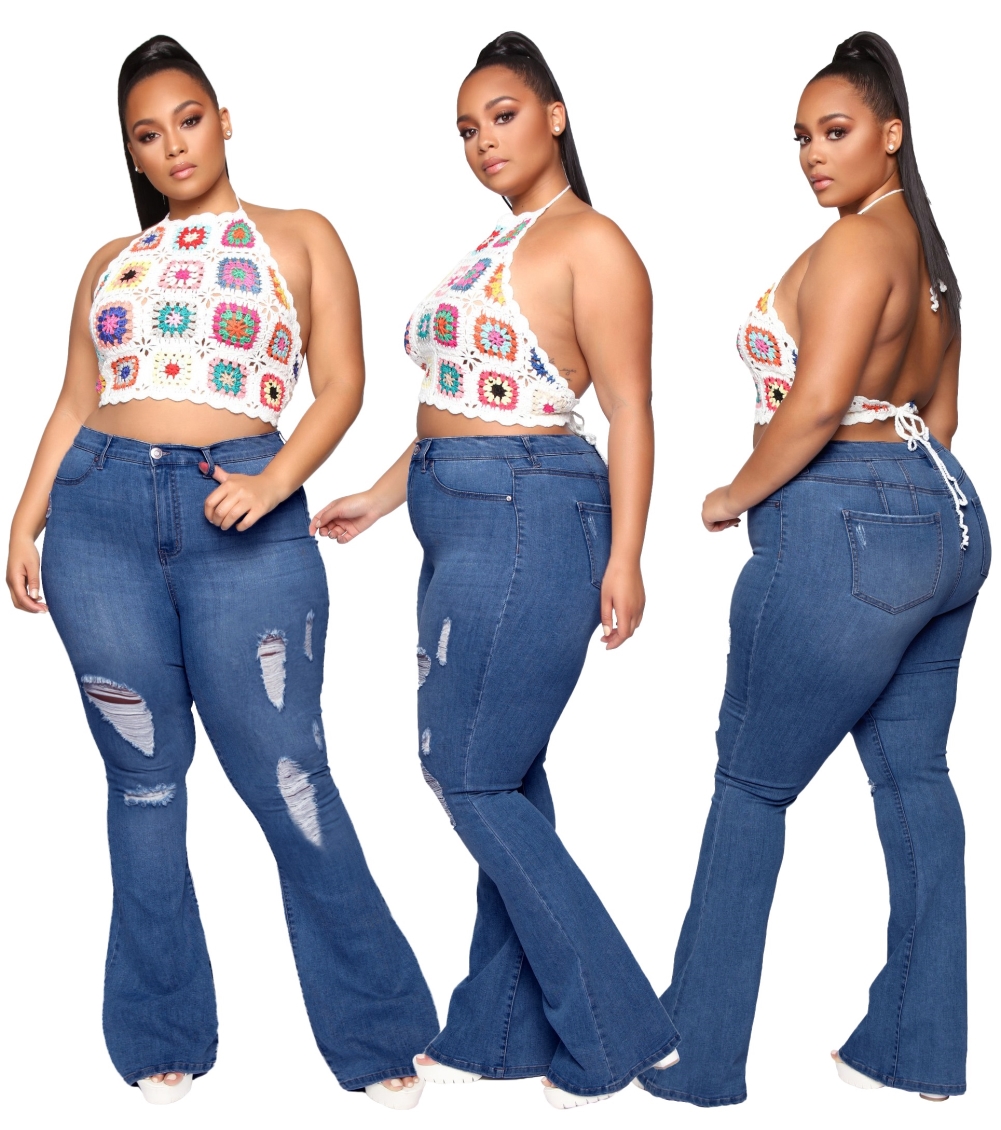 Wholesale Plus Size High Waist Dark Blue Ripped Flare Jeans | Global Lover