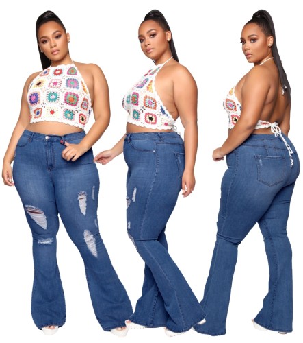 Plus Size High Waist Dark Blue Ripped Flare Jeans