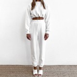 Autumn Casual White Crop Top and Track Pants Set