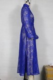 Autumn Elegant Blue Hollow Out V-Neck Long Formal Dress