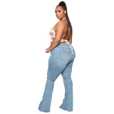Plus Size High Waist Light Blue Ripped Flare Jeans