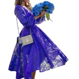Autumn Elegant Blue Hollow Out V-Neck Long Formal Dress