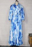 Autumn Tie Dye Blue Slit Long Dress with Belt
