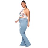 Plus Size High Waist Light Blue Ripped Flare Jeans