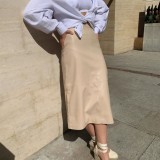 Stylish A-Line High Waist Elegant Leather Long Skirt with Belt