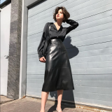 Stylish A-Line High Waist Elegant Leather Long Skirt with Belt