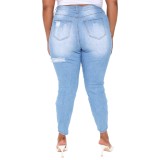 Plus Size High Waist Blue Ripped Jeans