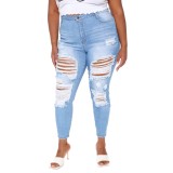 Plus Size High Waist Blue Ripped Jeans