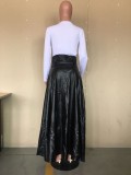 Winter High Waist Leather Maxi Skirt with Belt