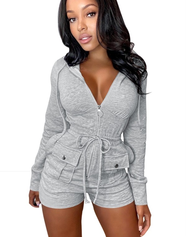 Autumn Casual Solid Plain Zip Up Hoodie Rompers