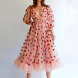Autumn Strawberry V--Neck Long Formal Dress with Mesh Sleeves