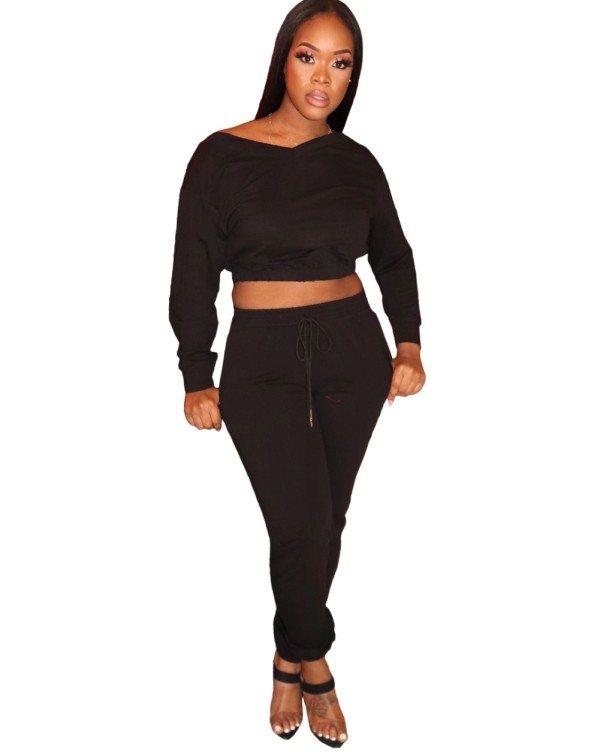 Autumn Casual Solid Plain Crop Top and Track Pants Set