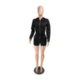 Autumn Casual Solid Plain Zip Up Hoodie Rompers