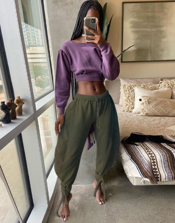 Autumn Solid Color High Waist Puff Trousers
