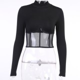 Autumn Party Black Sexy Patchwork Long Sleeve Crop Top
