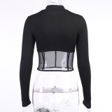 Autumn Party Black Sexy Patchwork Long Sleeve Crop Top