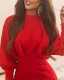 Autumn Red Party Red Bubble Sleeve Ruched Mini Dress