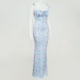 Summer Romantic Vintage Straps Floral Blue Midi Dress