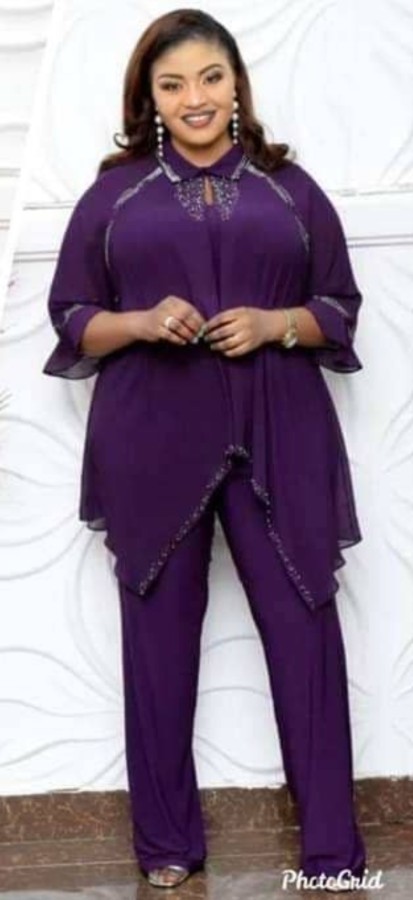 Plus Size African Mother Mature Two Piece Autumn Chiffon Top and Pants Set