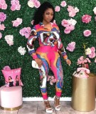 Autumn African Colorful Print Bodycon Crop Top and Pants Set