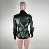 Autumn PU Leather Black Blouse with Belt